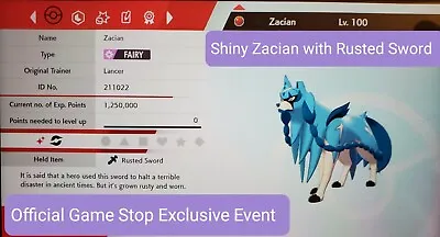 Pokemon Sword And Shield ✨shiny✨ Zacian Level 100 Game Stop Event • $1.50