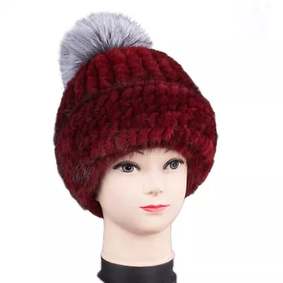 Women Real Mink Fur Hat With Fox Fur Ball Winter Warm Earmuffs Crimping Cap • $41.64