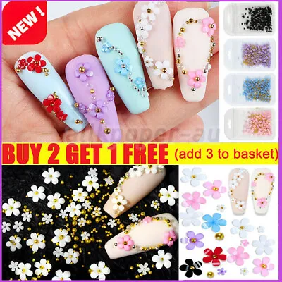 200PC 3D Pearl Flowers Nail Decoration Crystal Metal Beads Acrylic Nails Art Gem • £3.02