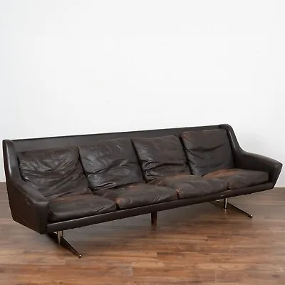 Mid Century Brown Vintage Leather Four Seat Sofa With Chrome Feet Denmark • $3600