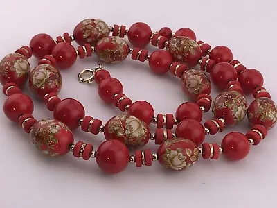 Vintage Japan Gold Tone Red Floral Beaded 28” Necklace.  #53 • $14.41