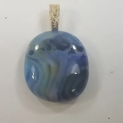 Cabochon Blue Pendant Glass Murano Style Gold Tone • $13.99