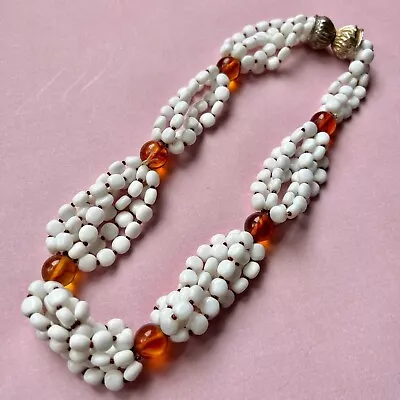 Vintage Boho Milk Glass Amber Lucite Bead Multi Layer Statement Indie Necklace • $29.95