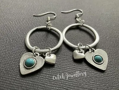 £3.99 • Buy Silver BIG HOOP Circles Earrings With Hearts And Turquoise Boho Gypsy Festival