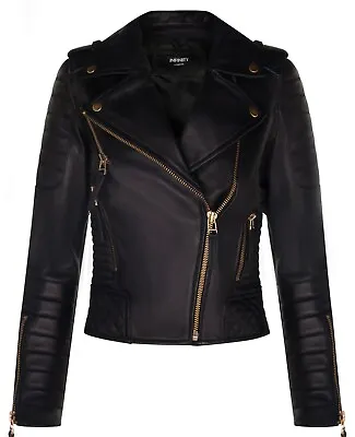 £119.99 • Buy Ladies Leather Biker Jacket Quilted Matte Black Gold Zip Real Nappa Goth Jacket 