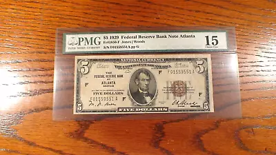 1929 Pmg Fine 15 Five Dollar Atlanta National Currency Note $5.00 Bill! • $69.99