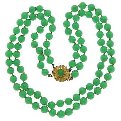 50s Vintage 2 Strand Peking Glass Necklace Jade Green Beads Hand Knotted • $59.46