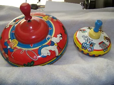 Vtg Ohio Art Metal Spinning Tops Small Has Trains & Large Has Cowboys/cowgirls • $12.83