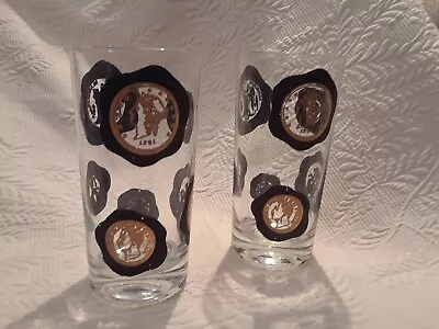 Pair (2) International Coin Motif Glass Tumblers - Mid Century Modern Bar Ware • $17.18