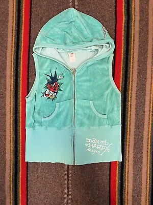 Womens Don Ed Hardy Blue Velour Hooded Vest Size Medium • £24.13