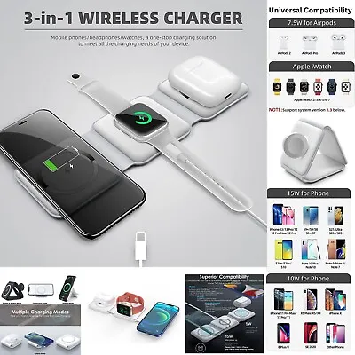 3in1 Magnetic Wireless Charger Pad Foldable Mat For Apple IPhones AirPods IWatch • £14.49