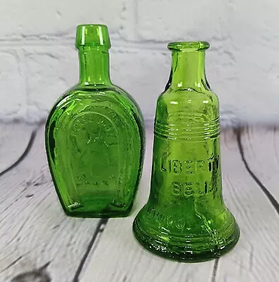 Wheaton 2 Vintage Miniature Glass Bottles Green Liberty Bell & Horseshoe • $16.95