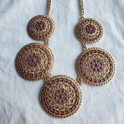 Round Medallion Statement Necklace Gold Tone Mandala Discs Dark Pink 20.5  • $8