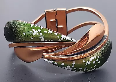 Vintage Matisse Renoir Clamper Solid Copper Green Enamel Leafs 1946 Bracelet • $65