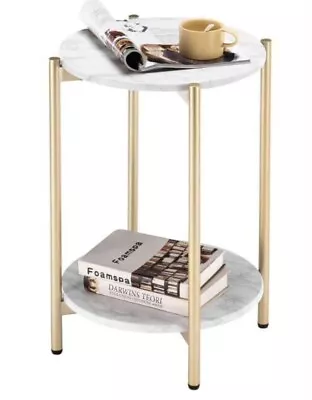 Two-Tier Round Faux Marble Side Table Gold Accent Table Stand Vingli • $40.99