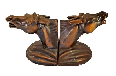 VTG MCM Horse Head Bookends Pair Bronze Finish Pot Metal 5  Tall X 5  L X 4 3/8  • $32.95