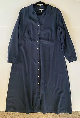 J Jill Button Maxi Dress Petite Large Blue Gray Tencel Lyocell Modest Pockets • $22.96
