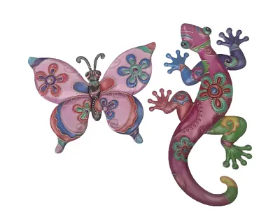 2 X Colourful Pink Gecko & Pink Butterfly Metal Garden Wall Hanging Ornament • £6.99