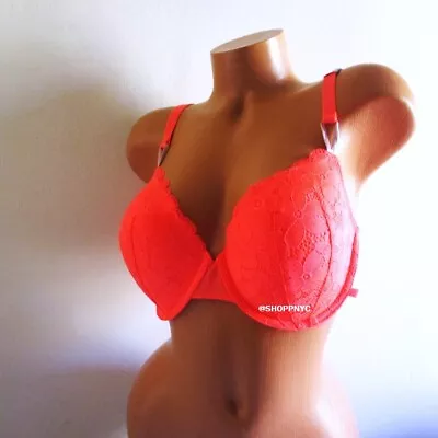 VICTORIA'S SECRET Sexy Tee Lightly Lined Demi Bra 36DD 38D Neon Orange Lace Mesh • $29.95