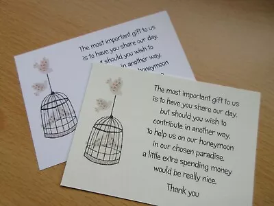 50 White Or Ivory Wedding Poem Cards Money Gift Honeymoon Birdcage Design • £4.25