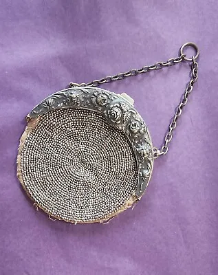 Antique Silver Metal Floral Motif Frame Micro-Beaded Chatelaine Kilt Purse • $45