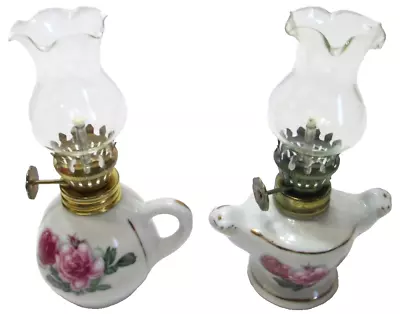 Vintage Mini Kerosene Oil Lamps PAIR Moss Rose Floral Hong Kong BOXES 4 1/2  T • $35.19