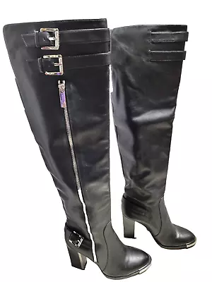 Michael Kors Collection High Heel Black Leather Over Knee Boot Silver Trim Sz 8 • $125