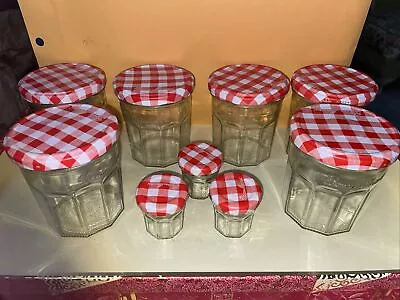 Lot Of 9 Empty Jelly/storage Jars W/red/white Lids (6)-13-oz & (3)-1-oz Jars #4 • $14.95