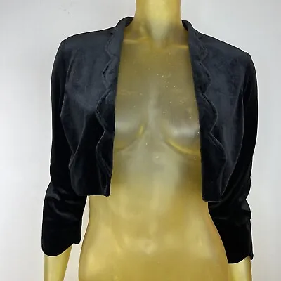 City Studio Women's Black Velvet Cropped Shrug Scalloped Collar Long Sleeve L • $14.96