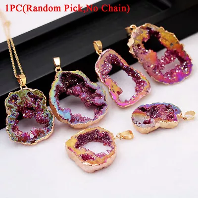 Natural Druzy Rock Crystal Quartz Agate Geode Stone Gem Pendant Gold Trim Gilded • £3.96