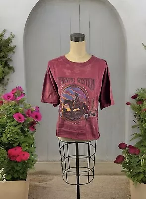 Vintage 90s Western Cowgirl Rodeo Crop Oversized TShirt Art Cowboy Faded Ranch L • $24.99