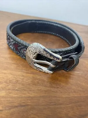 Black Beaded Belt Men's 34 Leather Snap On Buckle Western Southwestern Woven • $30