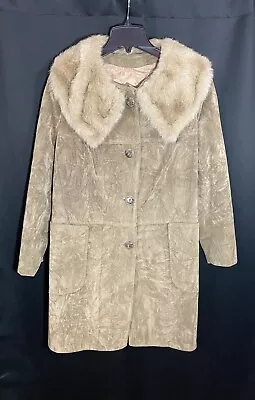 Vintage 70s Montgomery Ward Faux Fur Suede Long Coat Buttoned Trench Sz L Beige • $49.99