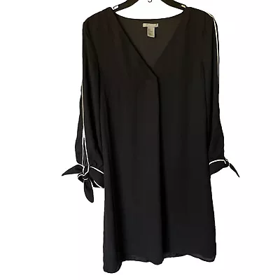 H&M Comfy Black Blouson Dress W/ White Piping Sleeves Tie-Cuffs. Sz 2 (0022) • $17.99