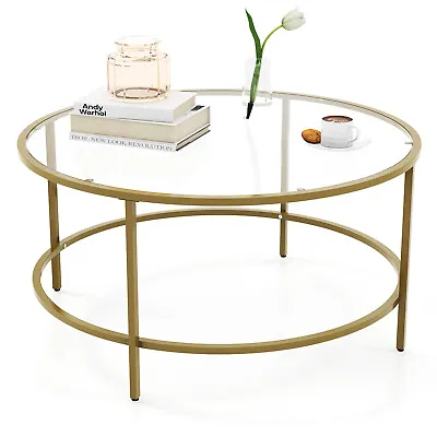 90cm Coffee Table Accent Round Center Table Side Table With Tempered Glass • $106.95