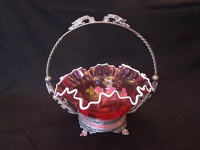 Cranberry Hand Painted Bride's Basket Seated In An Ornate Metal Carrier • £241.04