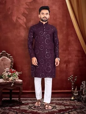 Cotton Mens Kurta Pajama For Wedding Purple Mirror Work Readymade Ethnic Kurta • $34.99