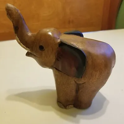 Vintage Hand Carved Wooden Elephant Trunk Up Statue Figurine Sculpture 6 1/2  H • $21.24