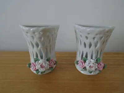 Pair Of  Small (9cm) White Reticulated Porcelain Wall Pockets • £6