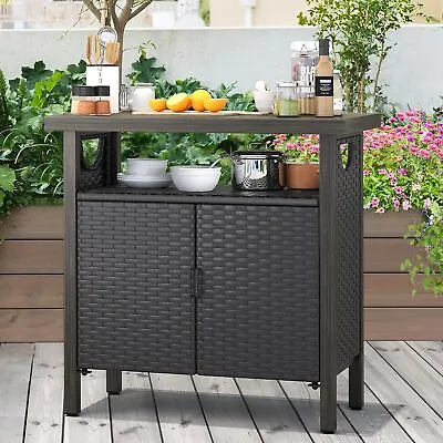 Outdoor Storage Cabinet Patio Wicker Bar Counter Table W/ Shelves Backyard Patio • $149.99