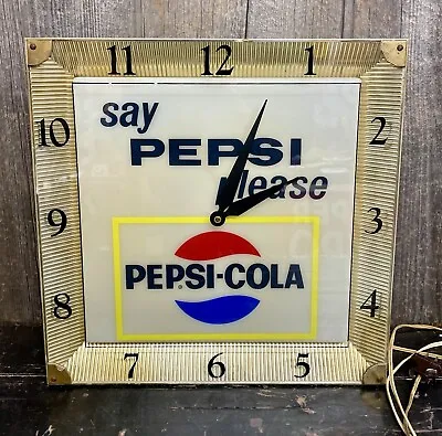 Vintage 1960s Light Up Say Pepsi Cola Soda Please Diner Wall Clock Works • $375