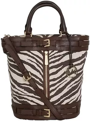 🌞michael Kors Kingsbury Brown Tiger Zebra Striped Canvas Bucket Tote Bag🌺nwt! • $223.19