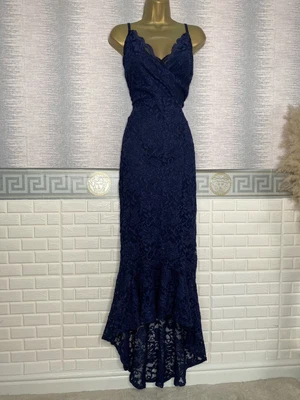 £7.77 • Buy QUIZ Navy Blue Sparkly Lace Hi-low Design Stretchy Evening Prom DRESS SIZE 16