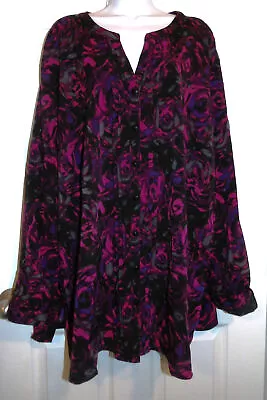 Lovely Black/Pink/Purple Print MAGGIE BARNES Long Tab Sleeve Blouse W/Tucks - 3X • $9.99