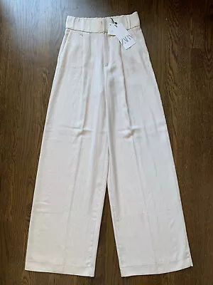 NWT ZARA Beige Lyocell Flowy Drapey Pleated High Waist Wide Leg Pants XS $39.90 • $29.99