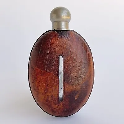 Vintage ANTIQUE Victorian Leather & Glass OVAL HIP FLASK Bottle • $80