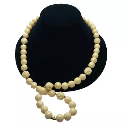 Unique Vintage Faux Bone Beaded Necklace W/ Gold Over Silver Filigree Box Clasp • $24.67