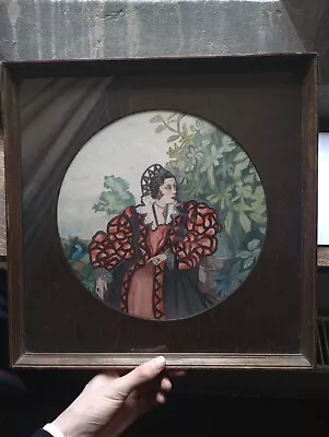Antique Edwardian Portrait Of A Tudor Lady On Silk Beardsley Oak Framed  Art  • £12.99
