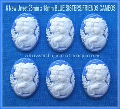 6 WHITE SISTERS FRIENDS On Bright BLUE 25mm X 18mm Costume Jewelry Crafts CAMEOS • $3.09