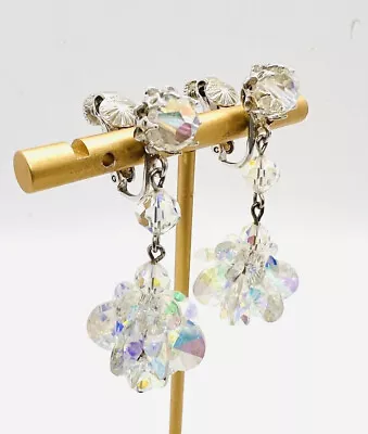 VENDOME Long Crystal Cluster Beaded Drop Dangle Earrings Signed Vintage Jewelry • $68.50